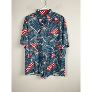 Huk Performance Fishing Mens Short‎ Sleeve Button Up American Flag Fish Size L